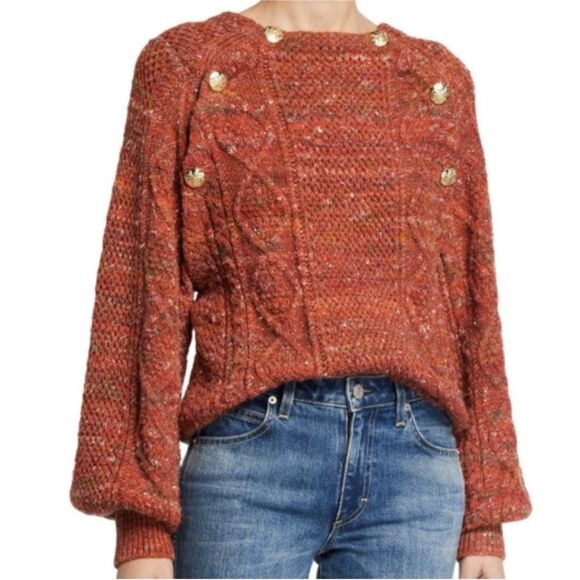 $550 Veronica Beard Adelaida Gold Button Orange Rust Balloon Sleeve sweater - Picture 4 of 12